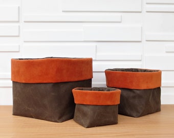 Set of 3 Waxed Canvas Soft Storage Cubes with Velvet Cuffs, Choose Your Colors for Home Decor Fabric Bins in 3 sizes