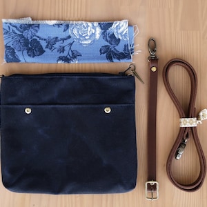 Waxed Canvas Crossbody Bag in Navy Blue with Floral Lining and Removable Leather Strap