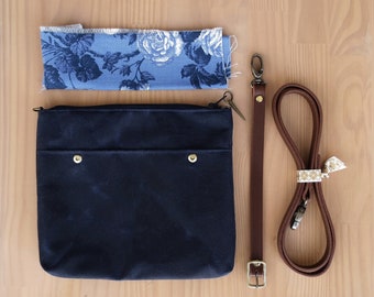 Waxed Canvas Crossbody Bag in Navy Blue with Floral Lining and Removable Leather Strap