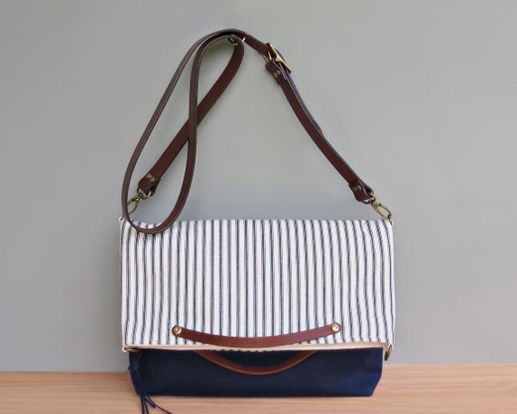 Summer Tote Bag in Vintage Style Cotton Ticking and Navy Blue - Etsy