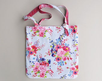 Knotted Handle Canvas Tote - Pink and Blue Bouquets