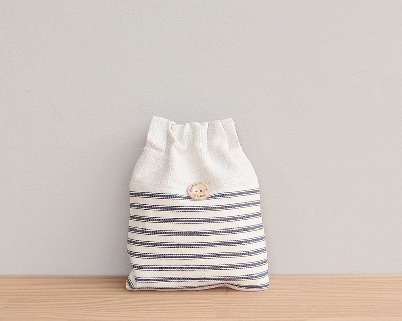 CLEARANCE Small Convertible Pouch in Striped Ticking Fabric with Flex-Frame Closure Deep navy