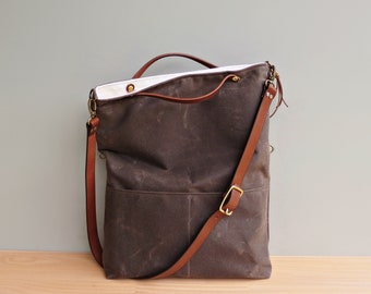 Waxed Canvas Convertible Foldover Purse with Custom Leather Strap in Seal Brown, Dark Brown Shoulder Bag