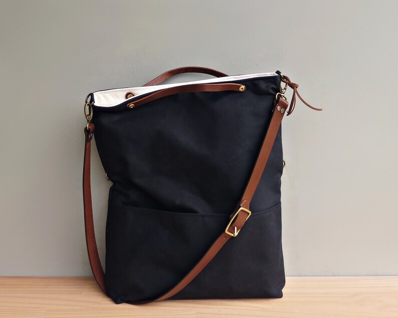 Black Waxed Canvas Foldover Shoulder Bag With Custom Leather Etsy