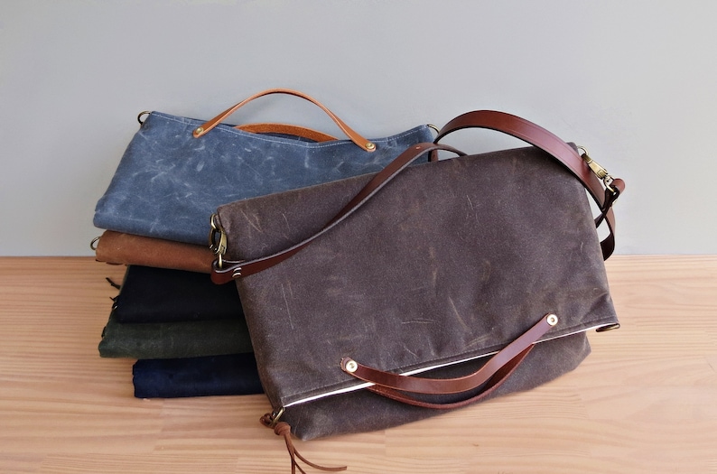 Waxed Canvas Convertible Foldover Bag With Custom Leather Etsy