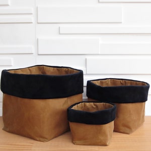 Set of 3 Waxed Canvas Home Decor Fabric Bins  with Velvet Cuffs, Choose Your Colors for Soft Storage Cubes in 3 Sizes