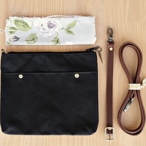 Black Waxed Canvas Crossbody Purse with Floral Lining and Leather Strap