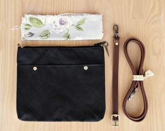 Black Waxed Canvas Crossbody Purse with Floral Lining and Leather Strap