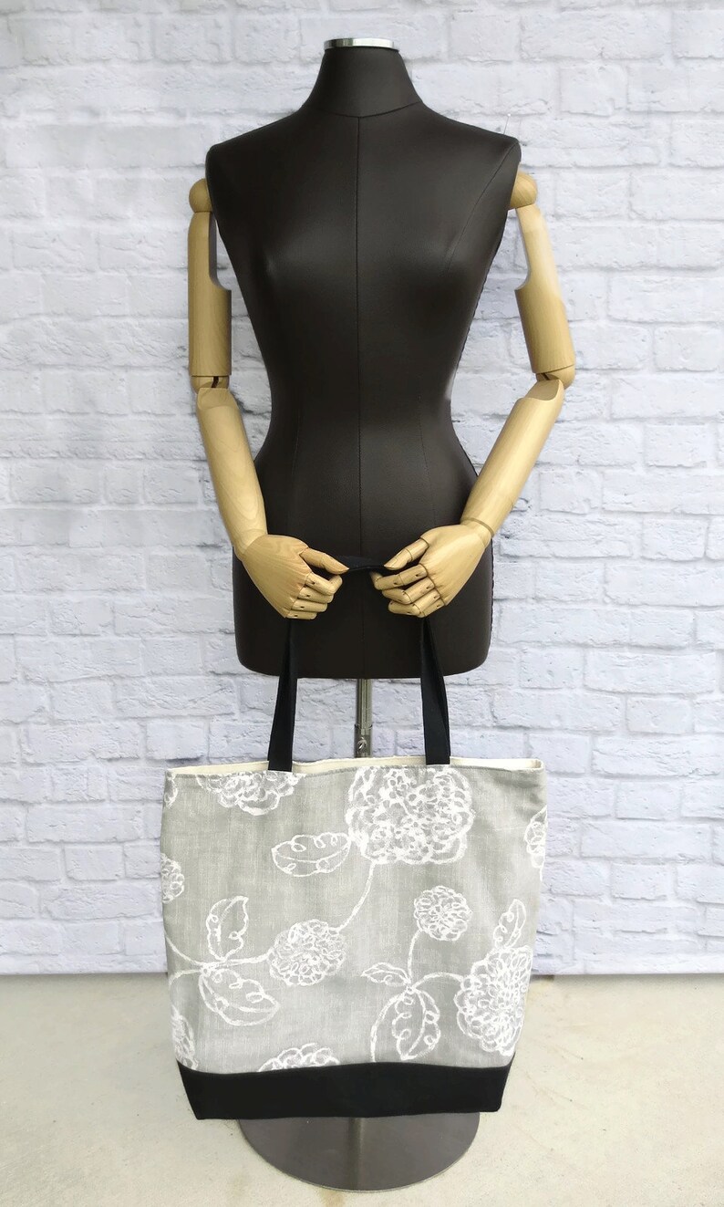 Extra Large Vacation Pool Summer Cruise Tote in Grey Scribble Flowers Oversized Modern Floral Shoulder Bag with Black Waxed Canvas Bottom