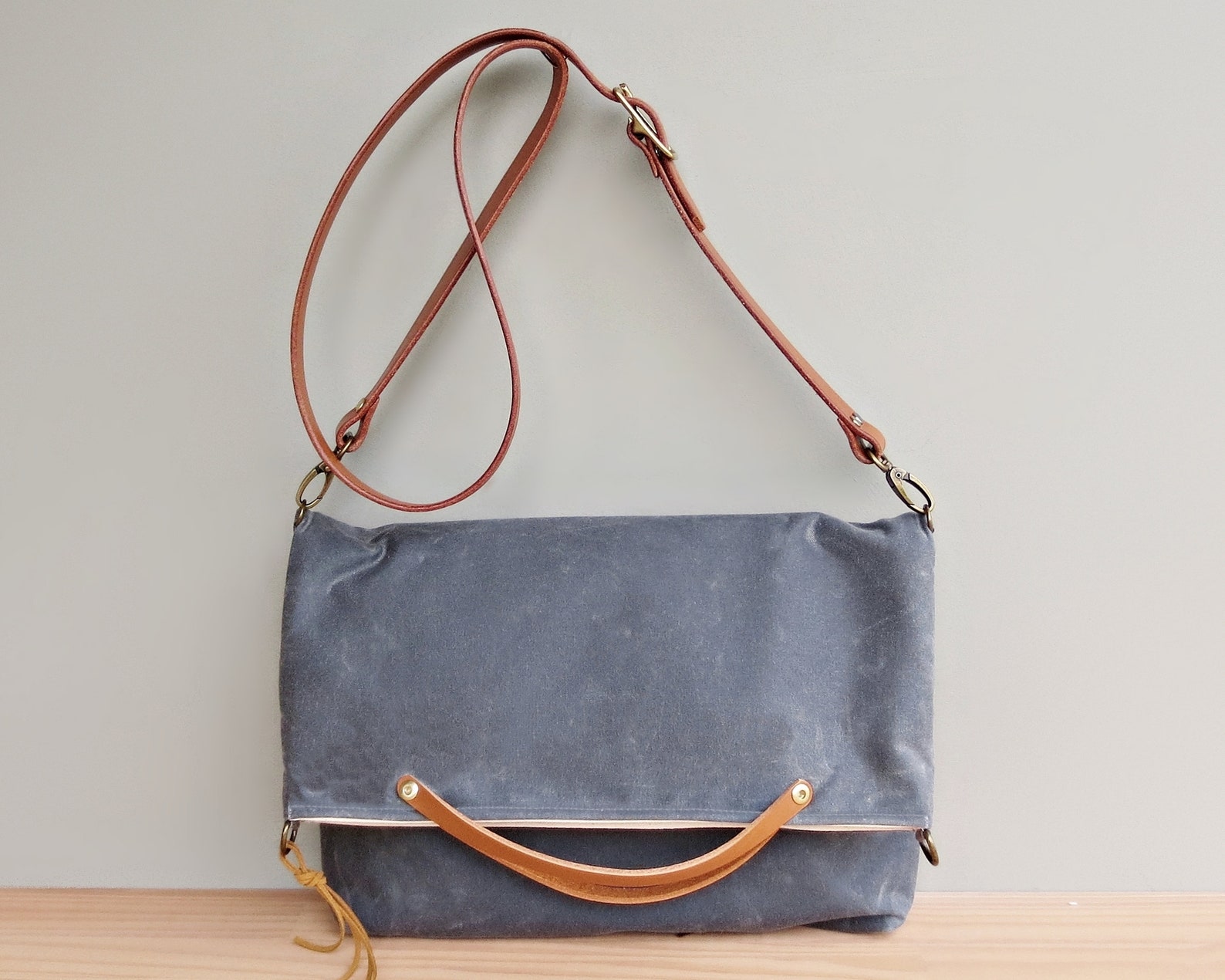 Waxed Canvas Foldover Tote With Custom Leather Strap in Grey Etsy