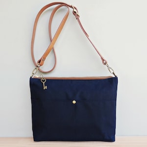 Waxed Canvas Handbag in Nautical Navy Blue with Leather Strap