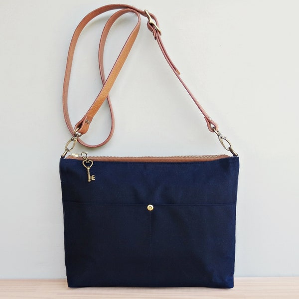 Waxed Canvas Handbag in Nautical Navy Blue with Leather Strap