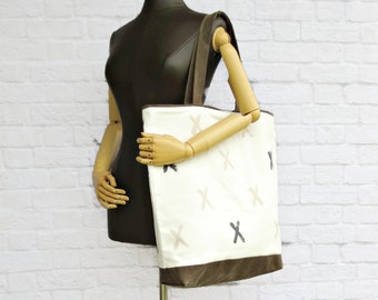 CLEARANCE - Handcrafted Oversized Modern X Kisses Tote with Waxed Canvas Bottom, Extra Large Mothers Valentine Tote with Sepia X's