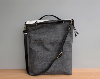 Charcoal Grey Tweed Foldover Bag, Business Tote with Custom Leather Strap in Dark Gray, Everyday Shoulder Bag, American Made, Handmade Purse