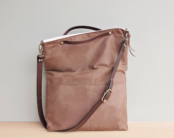 Convertible Waxed Canvas Tote Bag with Leather Strap in Light Saddle Brown, Plus Size Zipper Foldover Bag in 2 Sizes and 3 Hardware Finishes