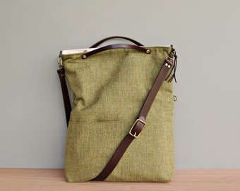 Tweed Convertible Top Handle Tote in Green Apple, Foldover Bag with Detachable Leather Strap Converts to Clutch, Business Crossbody Bag, USA