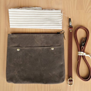 Waxed Canvas Shoulder Bag in Seal Brown with Custom Leather Strap