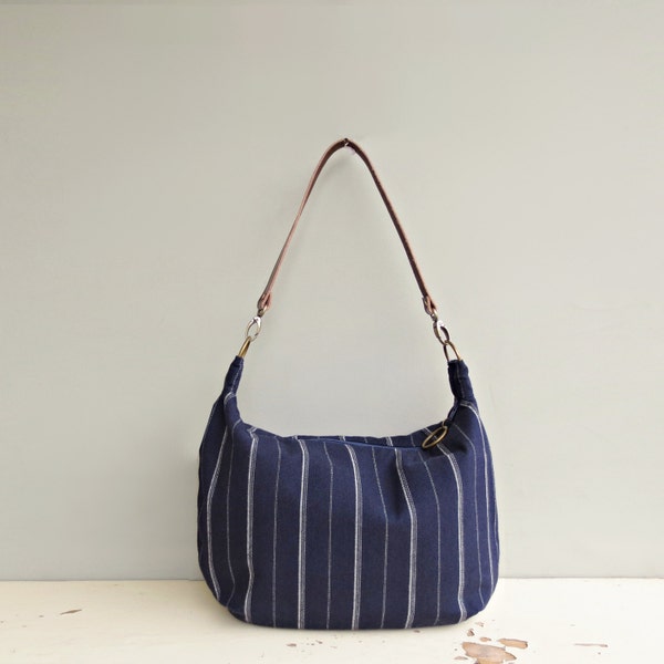 Zipper Cross Body Hobo Bag in Navy Blue Stripes, Hobo Bag Purse, Dark Blue Striped Slouch Bag , Custom Leather Strap, Zipper Bag, USA Made