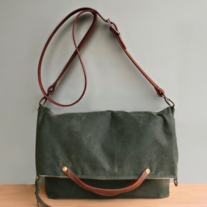 Convertible Waxed Canvas Tote with Leather Strap in Avocado Green, Waxed Canvas Foldover Bag, Plus Size Crossbody Purse, Made in USA image 2