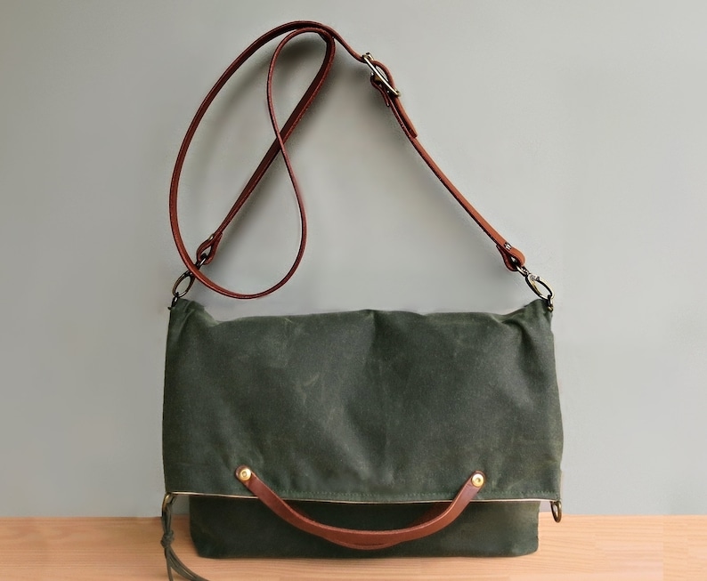 Convertible Waxed Canvas Tote with Leather Strap in Avocado Green, Waxed Canvas Foldover Bag, Plus Size Crossbody Purse, Made in USA image 2