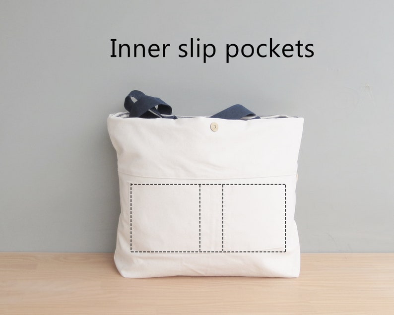 Large Canvas Tote Bag With Yellow Striped Ticking Cuffed Top Etsy