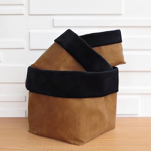 Set of 3 Waxed Canvas Soft Storage Cubes with Velvet Cuffs, Choose Your Colors for Home Decor Fabric Bins in 3 sizes
