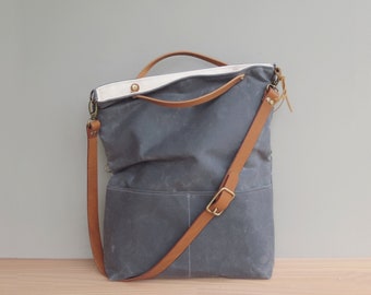 Grey Waxed Canvas Tote, Converts to Foldover Bag with Adjustable Leather Strap, Waxed Canvas Bag, Plus Size Crossbody Purse, Made in USA