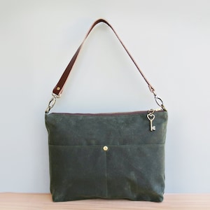 Forest Green Waxed Canvas Handbag with Custom Length Leather Strap, Boho Shoulder Bag