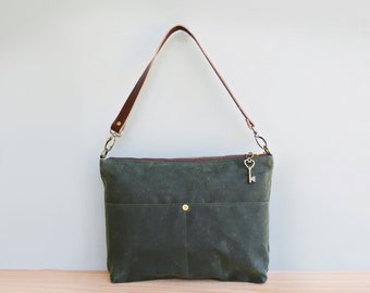 Forest Green Waxed Canvas Handbag with Custom Length Leather Strap, Boho Shoulder Bag