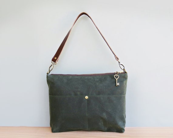 Forest Green Waxed Canvas Handbag with Custom Length Leather | Etsy