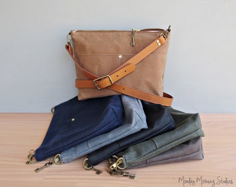 Waxed Canvas Shoulder Bag with Custom Length Leather Strap in Saddle Brown