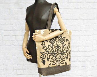 CLEARANCE - Extra Large Damask Tote with Waxed Canvas Bottom in Tan and Chocolate, Oversized Canvas Shoulder Bag, Modern Print Market Bag