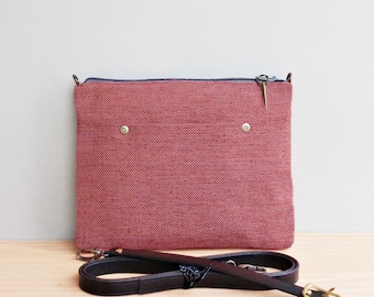 Small Cross Body Bag with Leather Strap in Coral Pink Tweed, Vegan Option Available