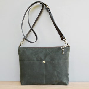 Avocado Green Waxed Canvas Handbag with Custom Length Leather Strap, Boho Shoulder Bag