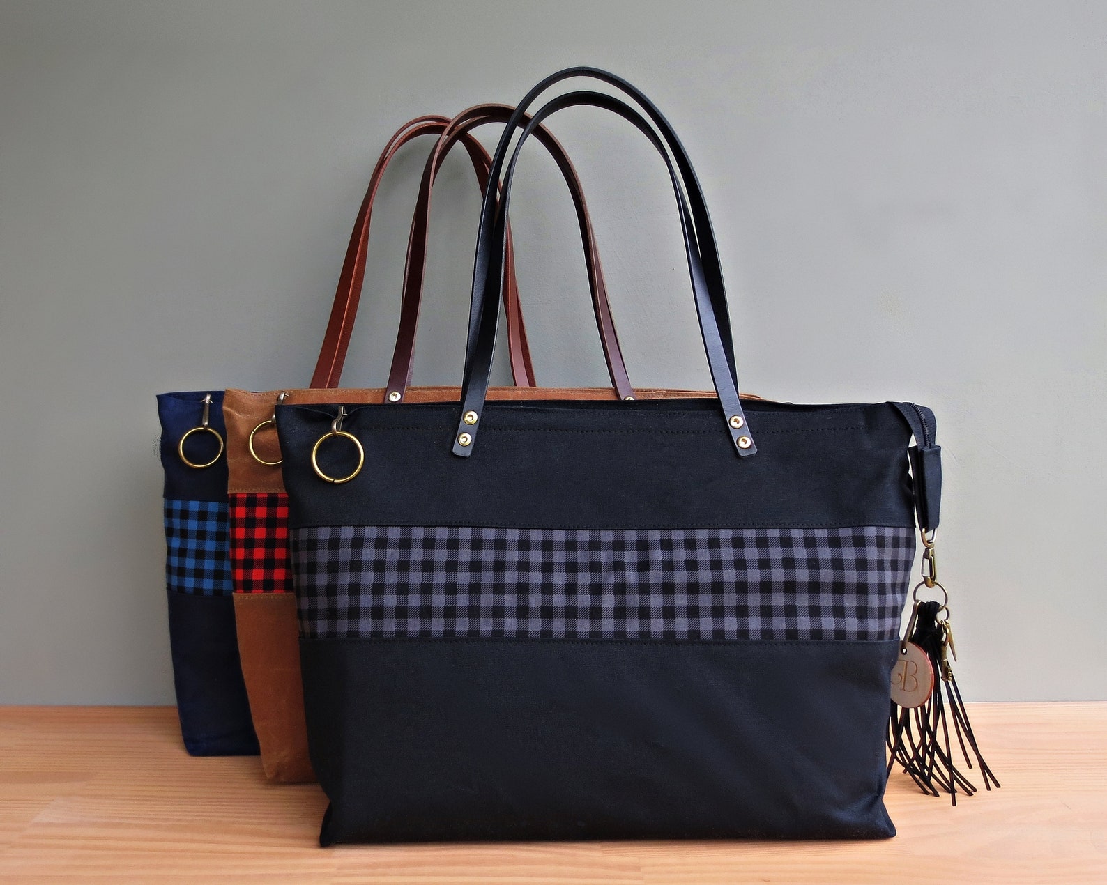 Navy Waxed Canvas Zipper Tote With Buffalo Plaid Accent Etsy