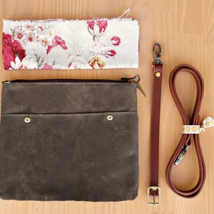 Crossbody bag in Dark Brown Waxed Canvas with Floral Lining and Custom Leather Strap