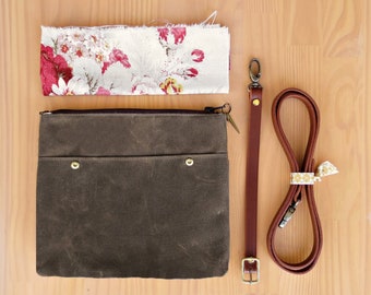 Crossbody bag in Dark Brown Waxed Canvas with Floral Lining and Custom Leather Strap