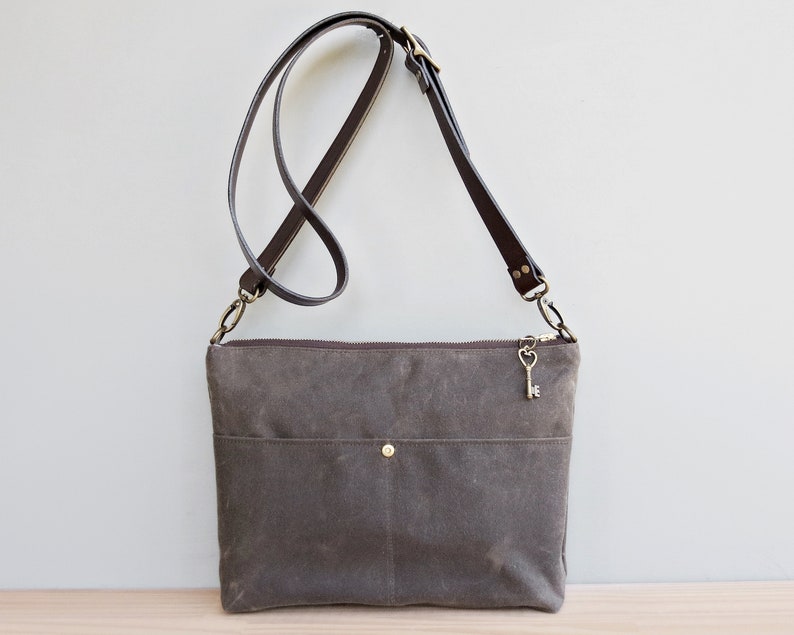 Waxed Canvas Handbag in Seal Brown with Custom Length Leather Strap image 2