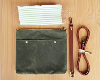 Avocado Green Waxed Canvas Crossbody Handbag, Choose Your Lining Color and Hardware Finish
