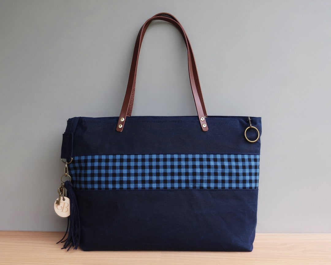 Navy Waxed Canvas Zipper Tote With Buffalo Plaid Accent - Etsy