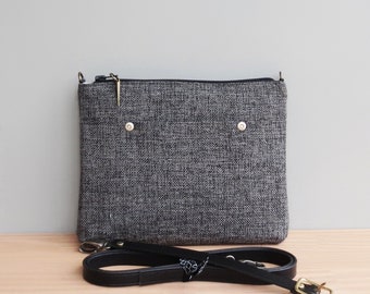 Crossbody Minimalist Tweed Purse in Charcoal Grey with Custom Leather Strap