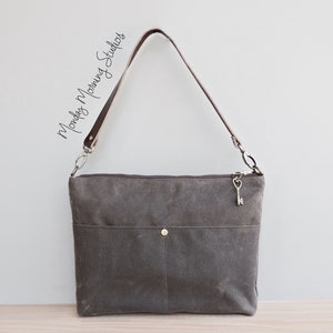 Waxed Canvas Handbag in Seal Brown with Custom Length Leather Strap image 1