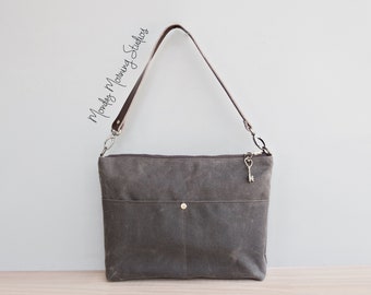 Waxed Canvas Handbag in Seal Brown with Custom Length Leather Strap