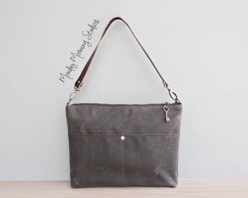 Waxed Canvas Handbag in Seal Brown with Custom Length Leather Strap image 1