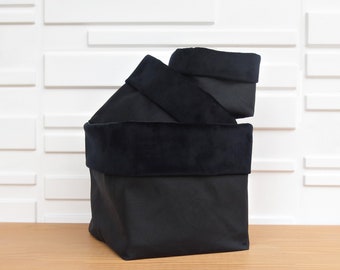 Black Velvet Cuffed Soft Storage Cubes with Black Waxed Canvas, Monotone Organizer Bins Home Decor, Order a Set of 3 or Individual Sizes