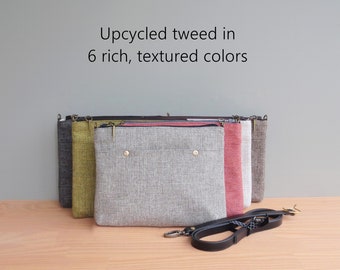 Tweed Crossbody Clutch, Light Grey Minimalist Purse, Custom Leather Strap