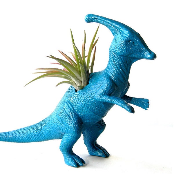 Teal Dinosaur Planter - Up-cycled Teal Parasaurolophus Planter - Animal Planter - Pop Art Room Decor - Geekery Decor