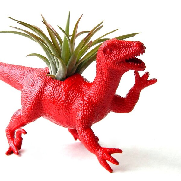 Red Dinosaur Planter - Upcycled Red Raptor Planter - Red Dino Planter - Child Room Decor - Geekery Decor