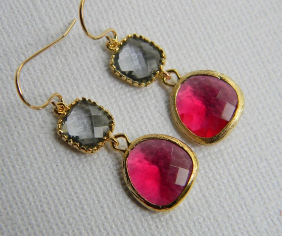 Items similar to Bohemian Gold Framed Czech Glass Stone Earrings - Grey ...