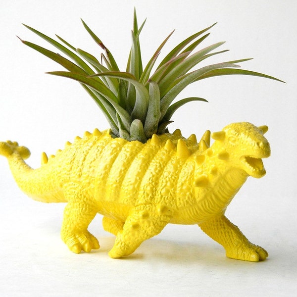 Upcycled Yellow Dinosaur Planter - Yellow Ankylosaurus Planter - Yellow Animal Planter - Geek Room Decor - Christmas Gift